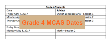 Bowman School 4th Grade MCAS Dates